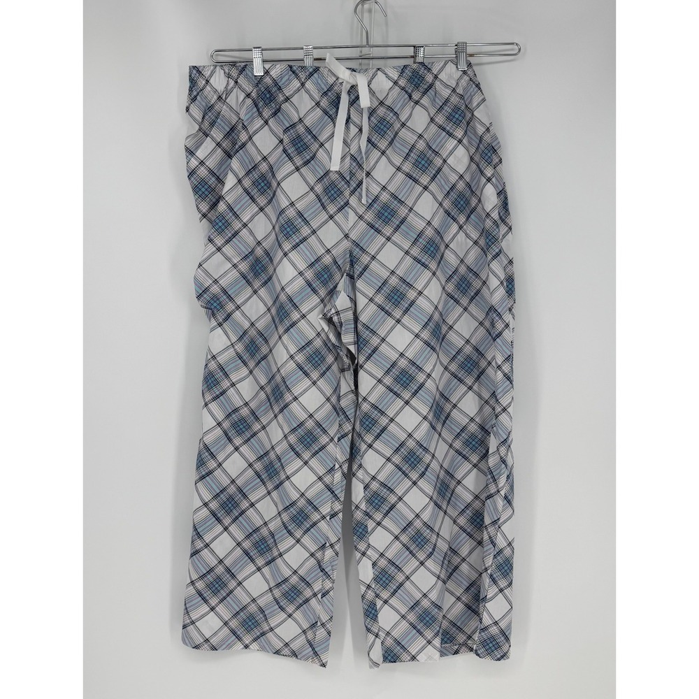 Cacique Pajama Pants Womens 26/28 White Blue Plaid Wide Leg Cotton Sleepwear New